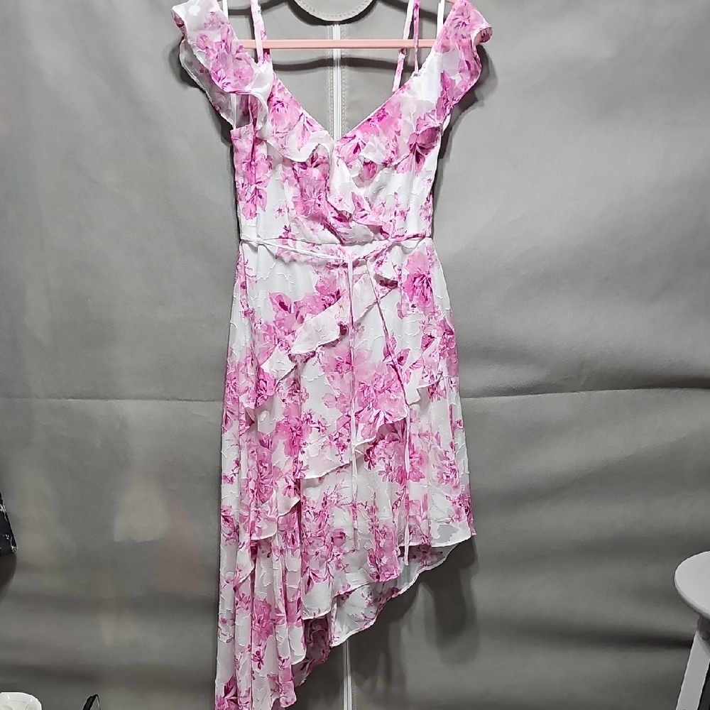 I.N. San Francisco Pink Floral Ruffle High-Low Wrap Dress